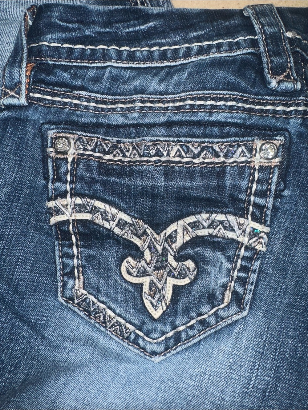 Rock Revival Distressed Medium Blue Embroidered Pocket Cuffed- Skinny Jeans - Picture 3 of 11
